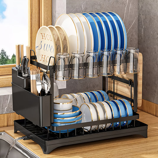 2 Tier Dish Drainer Rack With Drip Tray Cutlery Holder Plate Racks Kitchen Sink