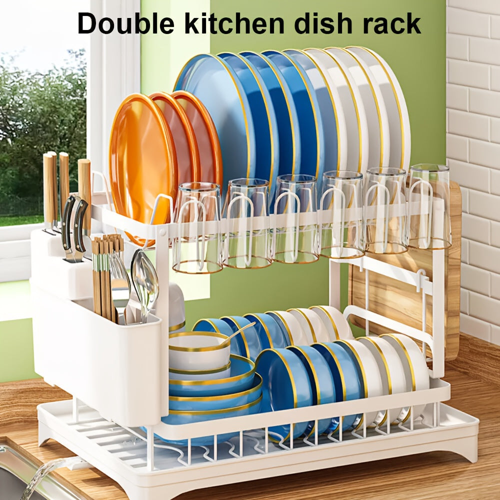 2 Tier Dish Drainer Rack With Drip Tray Cutlery Holder Plate Racks Kitchen Sink