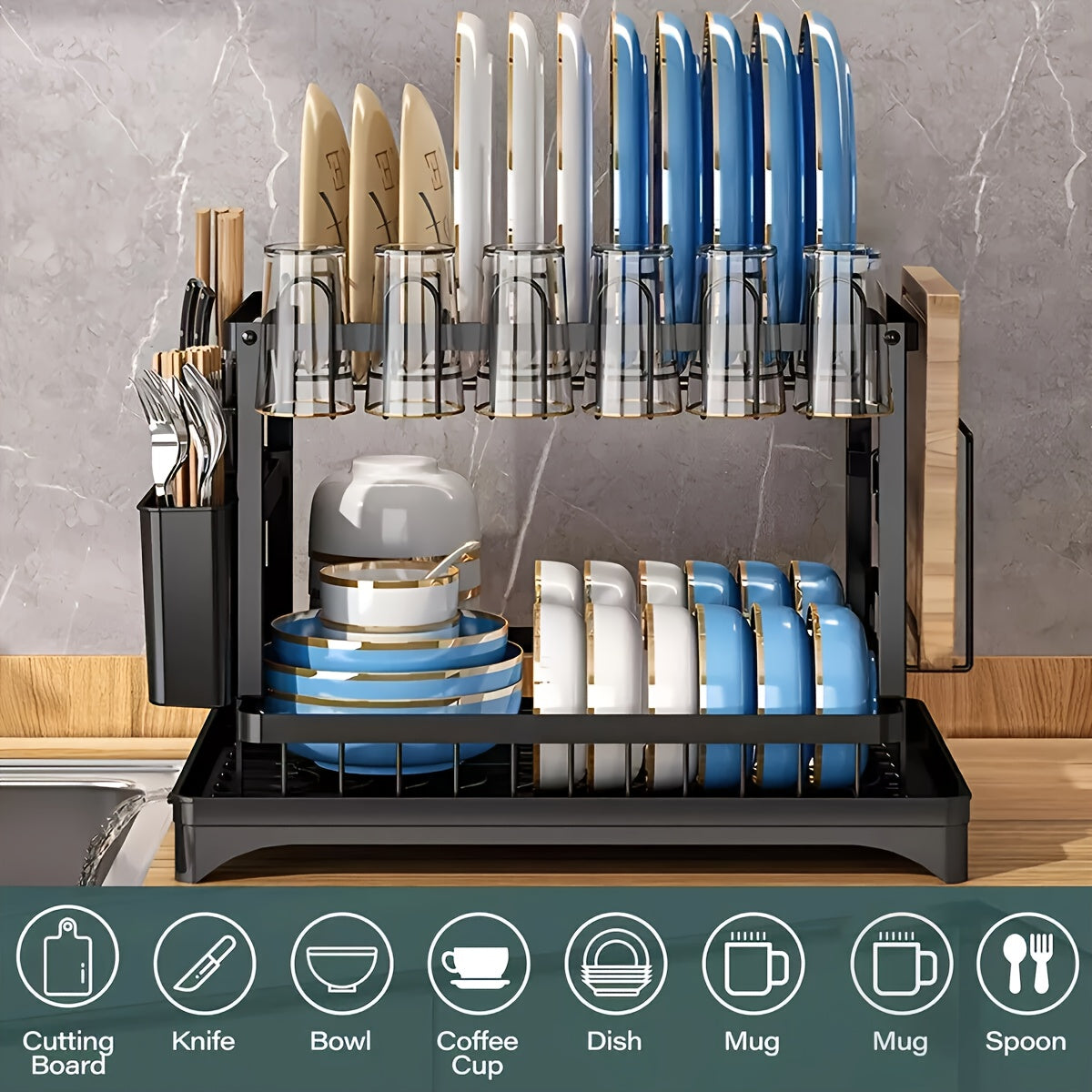 2 Tier Dish Drainer Rack With Drip Tray Cutlery Holder Plate Racks Kitchen Sink