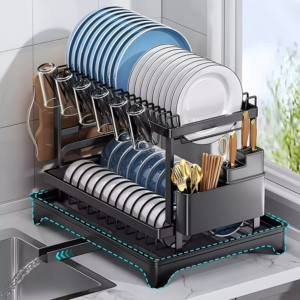 2 Tier Dish Drainer Rack With Drip Tray Cutlery Holder Plate Racks Kitchen Sink