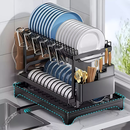2 Tier Dish Drainer Rack With Drip Tray Cutlery Holder Plate Racks Kitchen Sink