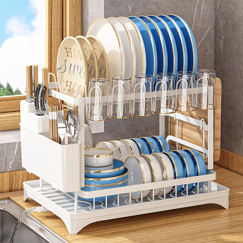 2 Tier Dish Drainer Rack With Drip Tray Cutlery Holder Plate Racks Kitchen Sink