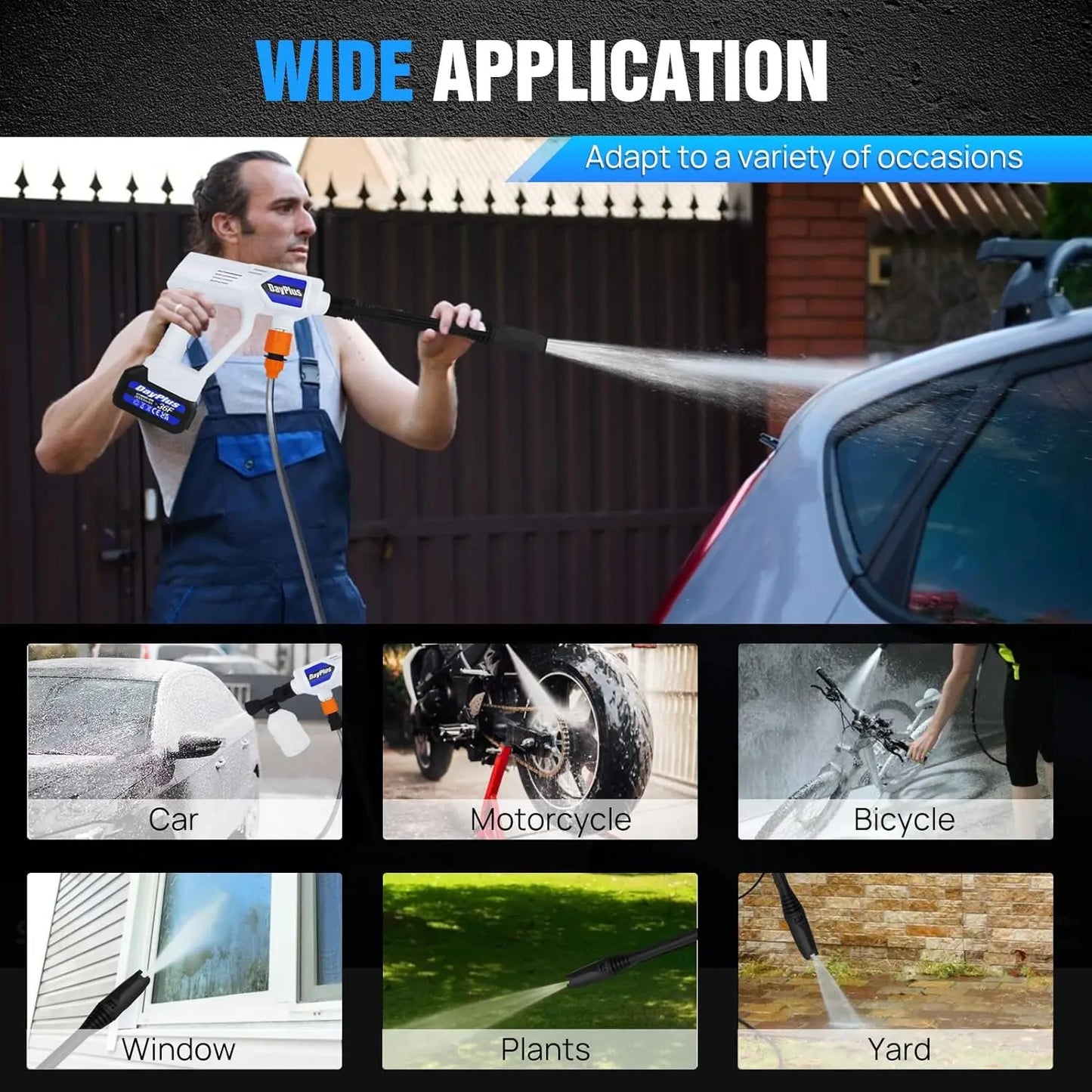 DayPlus Electric High Pressure Washer Rechargeable Car Wash Gun Cordless Electric Water Gun Foam Machine for Makita 24V Battery