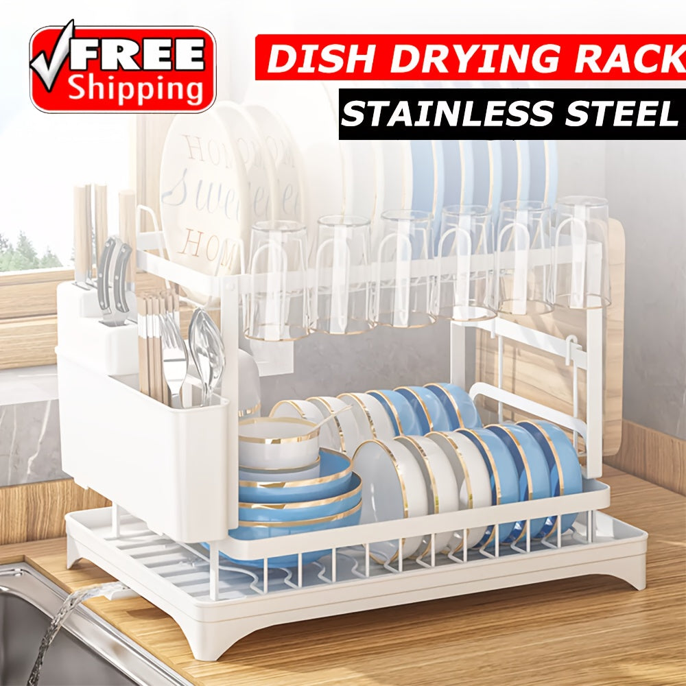 2 Tier Dish Drainer Rack With Drip Tray Cutlery Holder Plate Racks Kitchen Sink