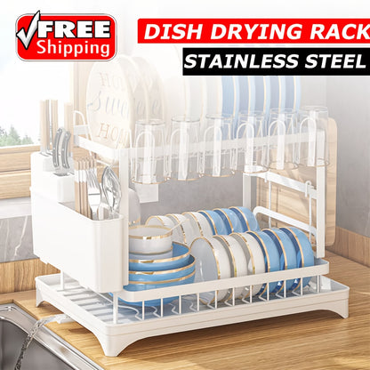 2 Tier Dish Drainer Rack With Drip Tray Cutlery Holder Plate Racks Kitchen Sink